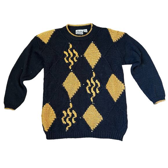 Vintage Sweaters - Vintage Chunky Sweater Argyle Cable Knit Holiday Black Gold NWT
